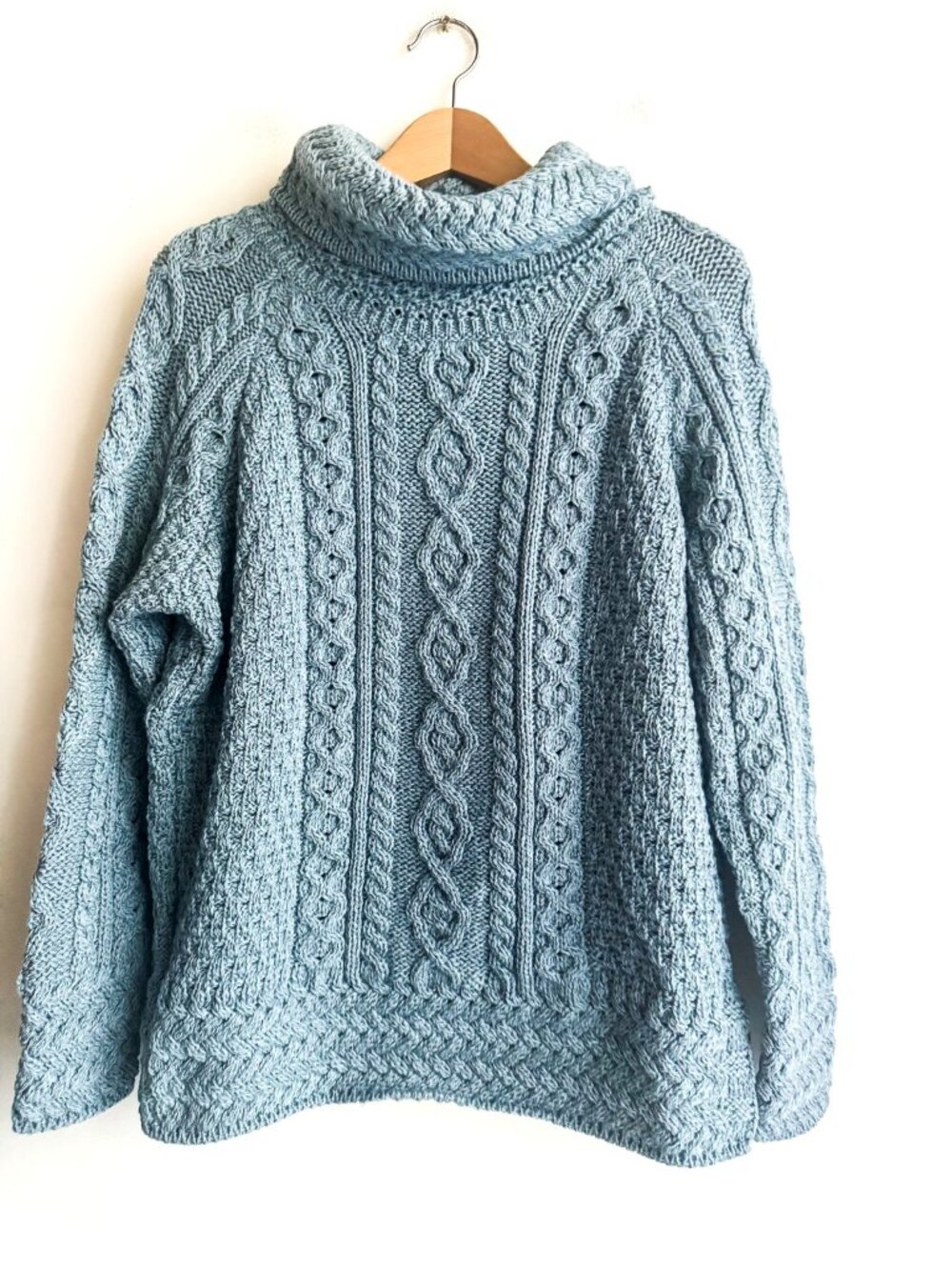 Aran Mor Blue Mock Neck Merino Wool Chunky Pullover  L